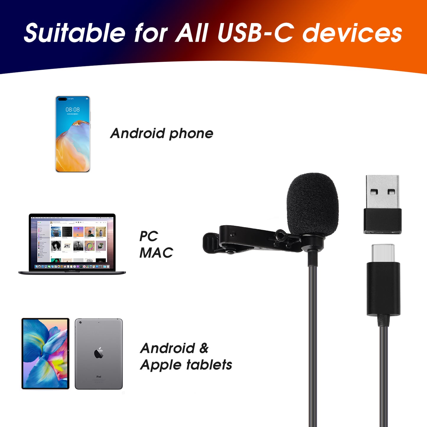 USB-C Lavalier Lapel Microphone Clip-On Omnidirectional Recording - August MCP150