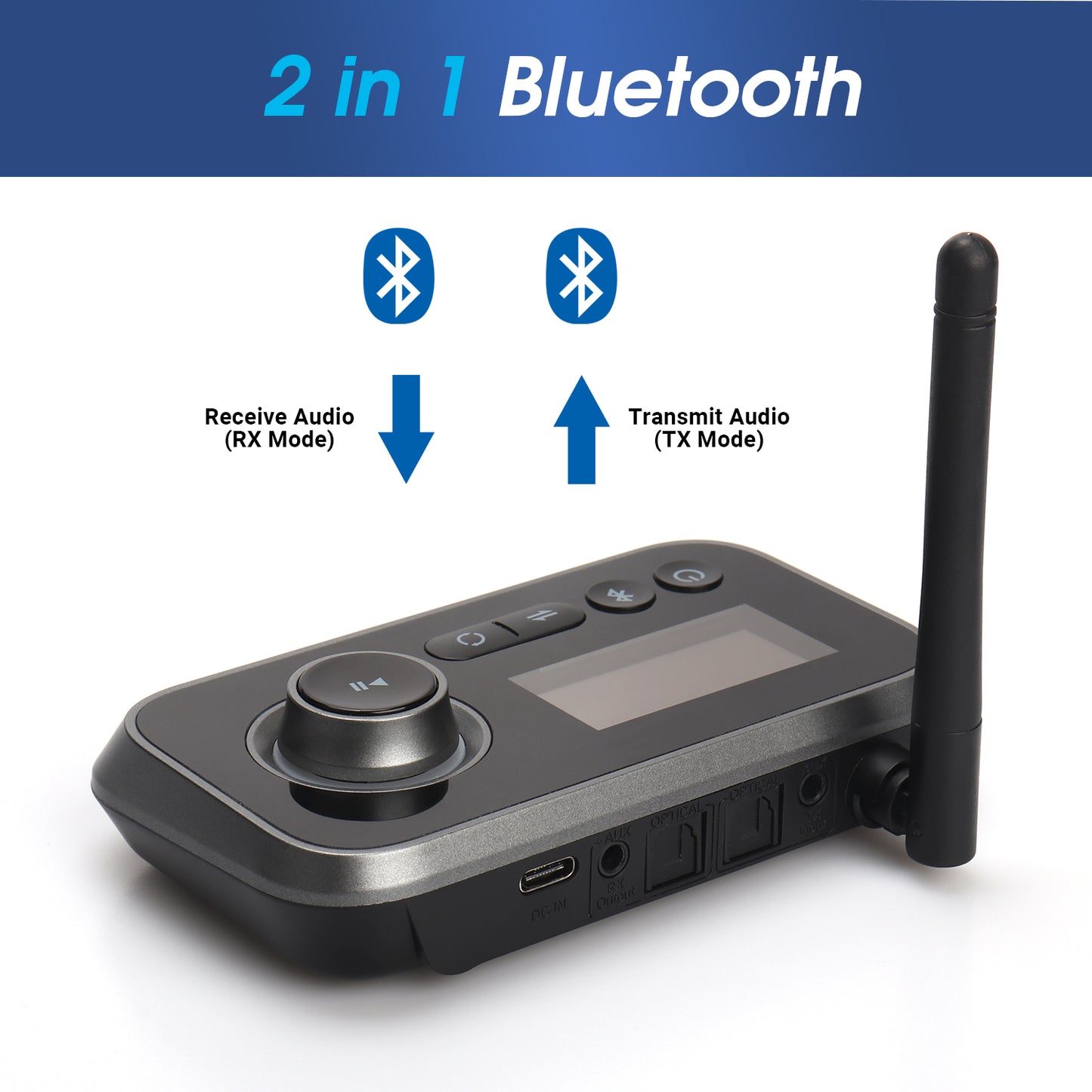The front button shown changes between receive and transmit modes