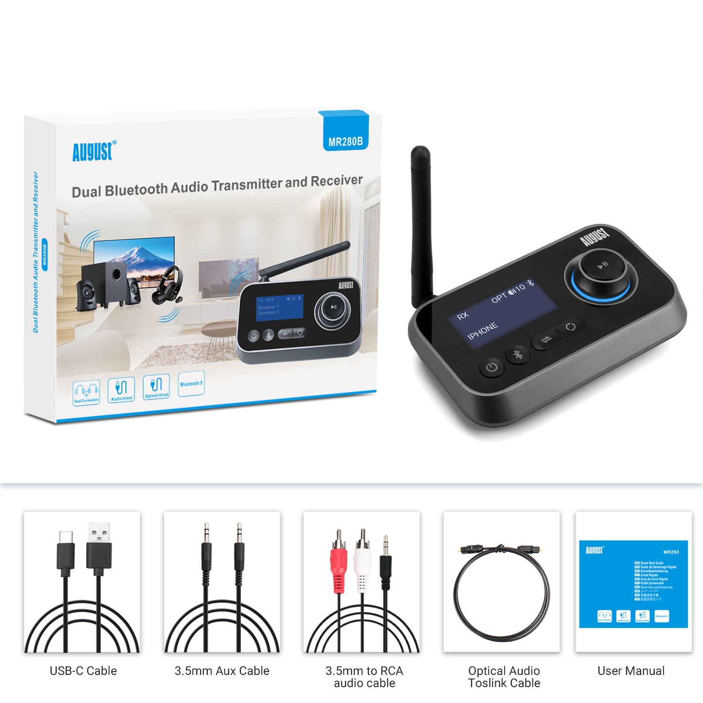The contents of the box is shown to be an MR280, USB_C Cable, 3.5mm Aux Cable, 3.5mm to RCA, Optical and Manual
