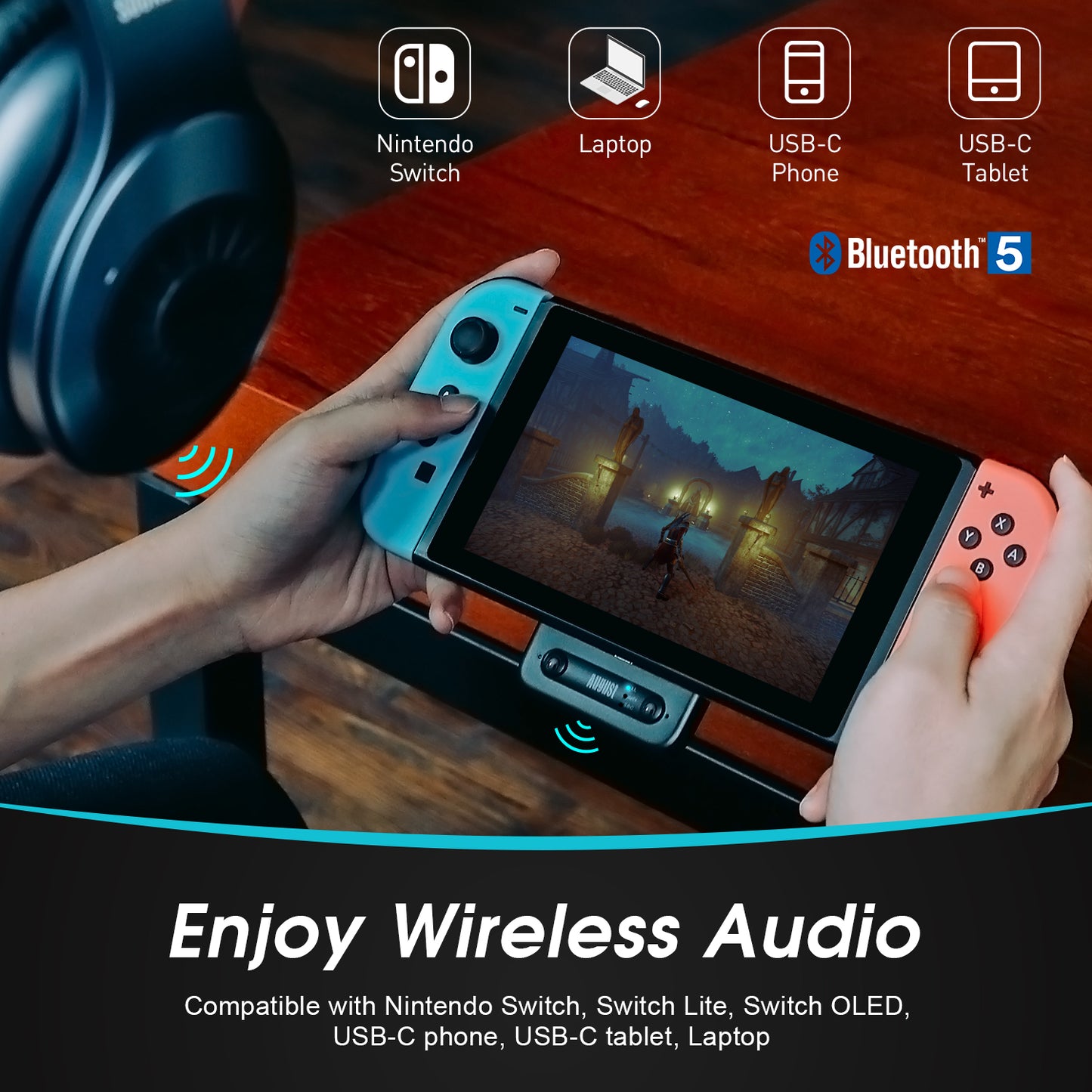 Dual Bluetooth Headphones Audio Transmitter for Nintendo Switch AptX-LL PS5 - August MR410