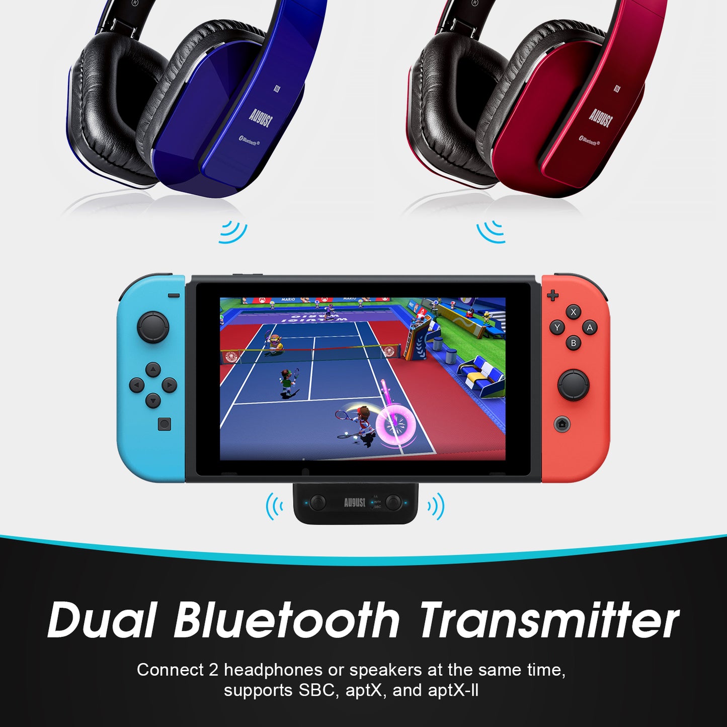 Dual Bluetooth Headphones Audio Transmitter for Nintendo Switch AptX-LL PS5 - August MR410