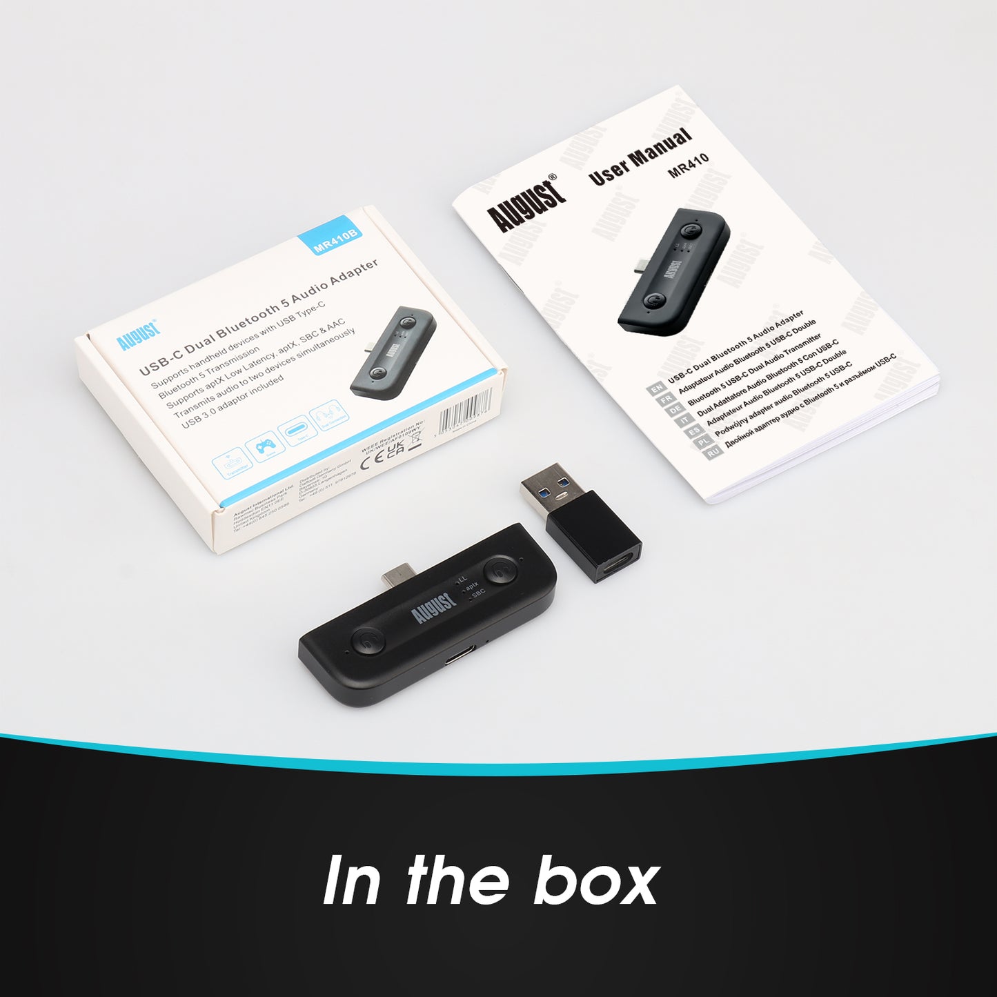 Dual Bluetooth Headphones Audio Transmitter for Nintendo Switch AptX-LL PS5 - August MR410