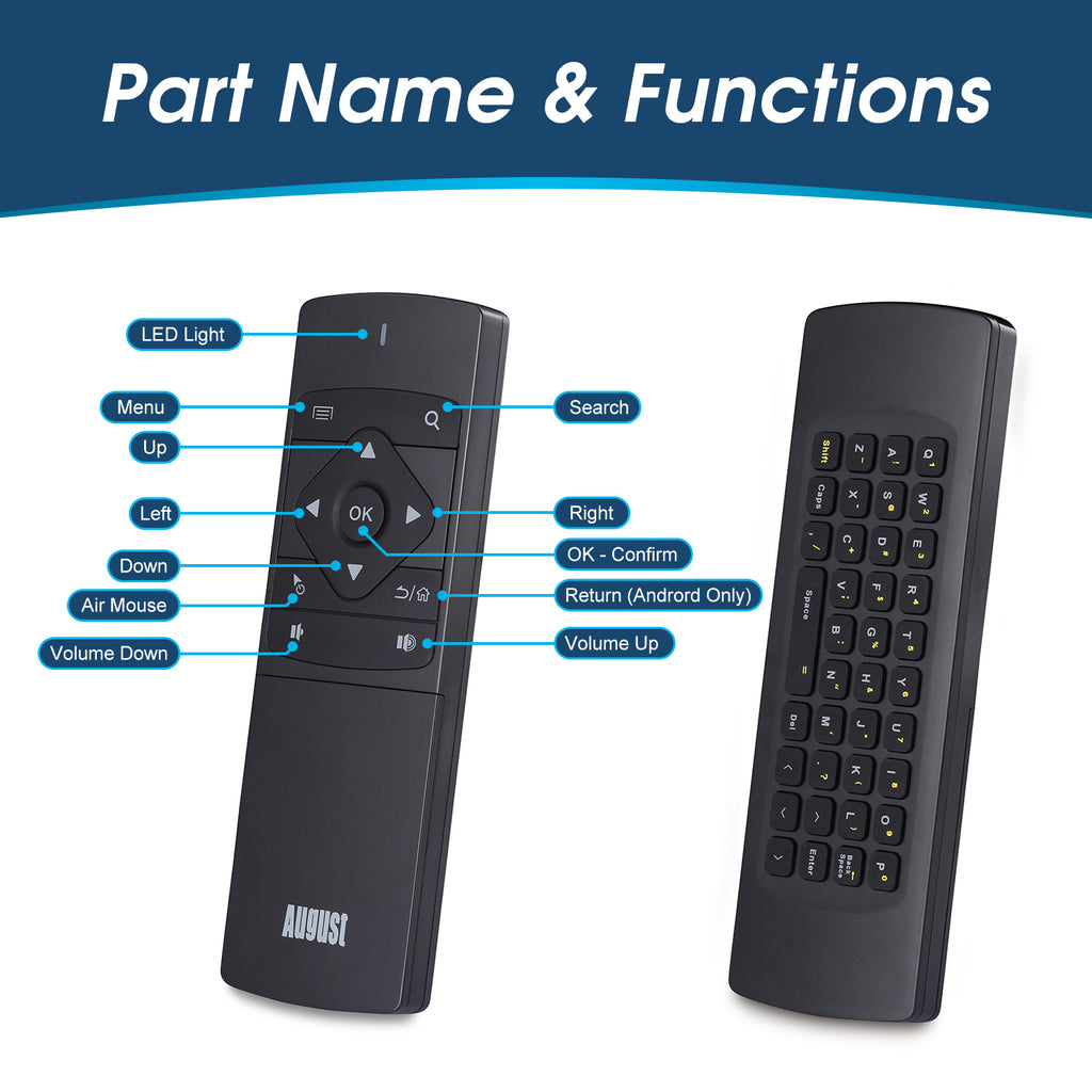 USB Air Mouse Portable Keyboard Remote Control for PC, Laptop, Kodi, Raspberry Pi, Chromebook August PCR500