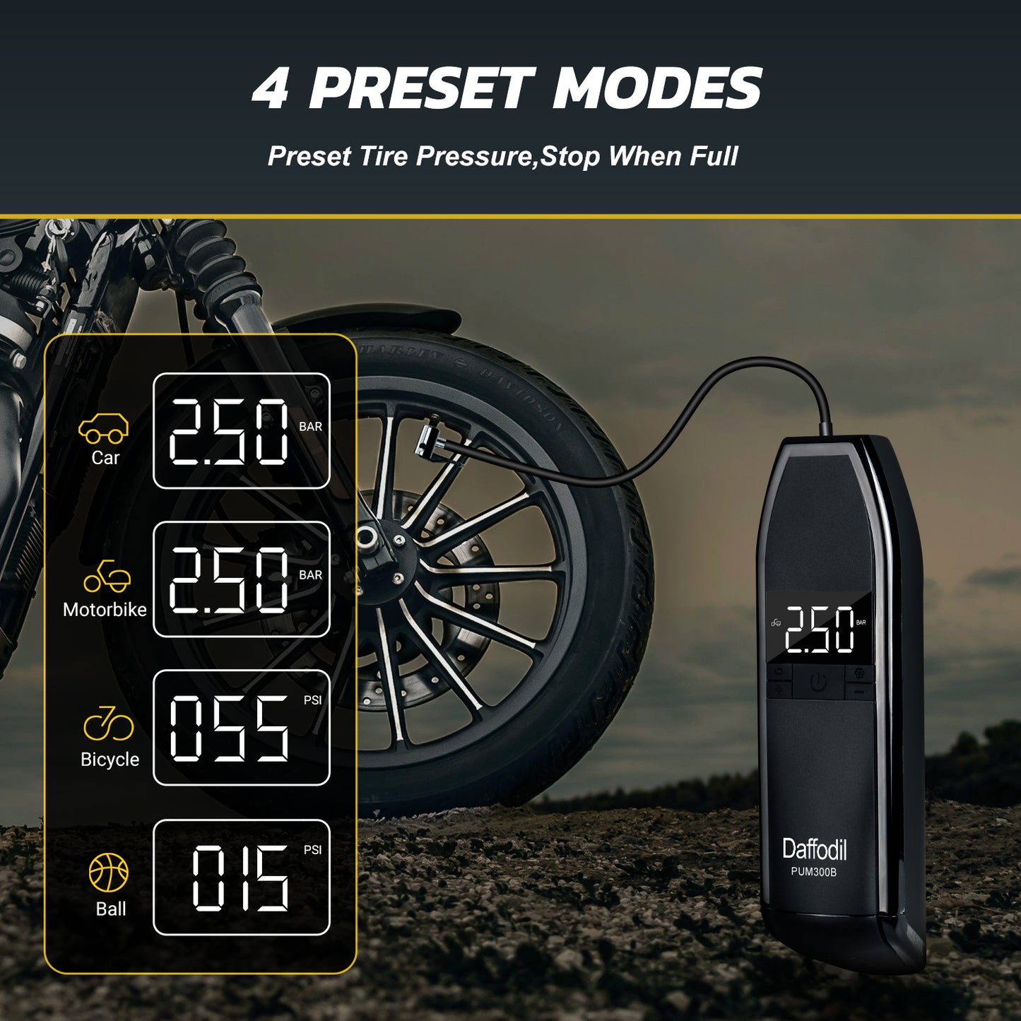 Portable Air Compressor Rechargeable Automatic Tyre Handheld Pump - PUM300
