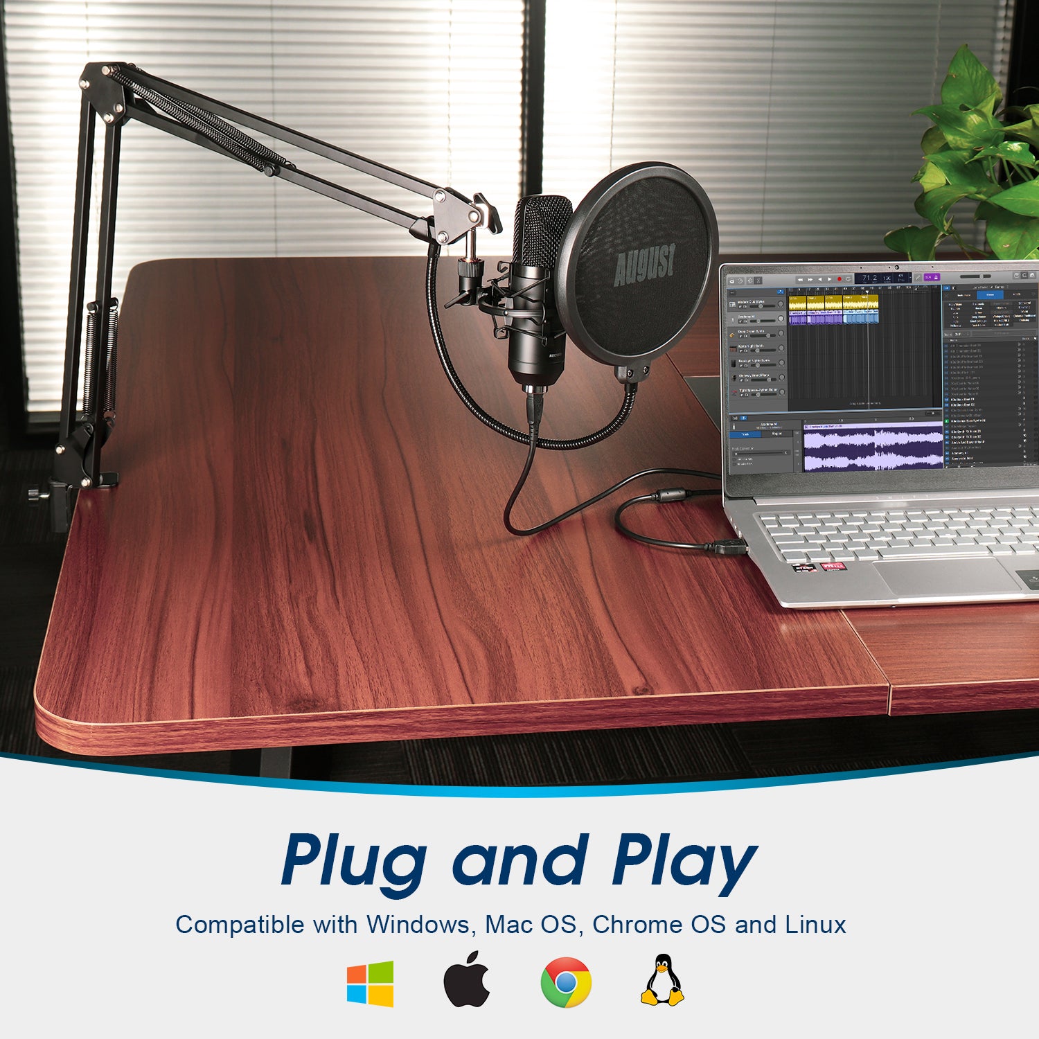 USB Gaming Studio Condenser Microphone Professional Bundle - August REC100B