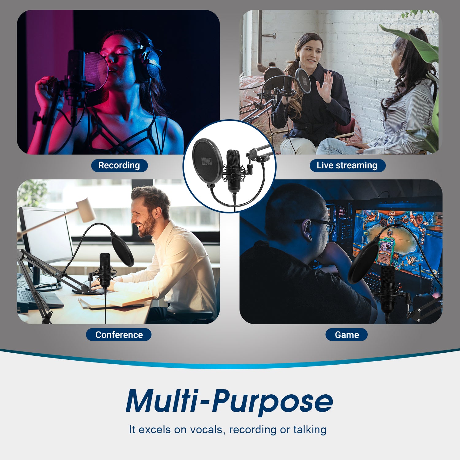 USB Gaming Studio Condenser Microphone Professional Bundle - August REC100B