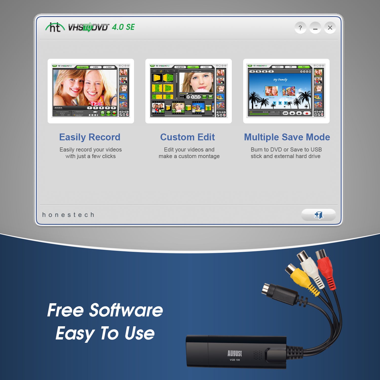VHS Video Capture Card Digital Transfer Grabber VHS to DVD, Hi8 for Windows - August VGB100