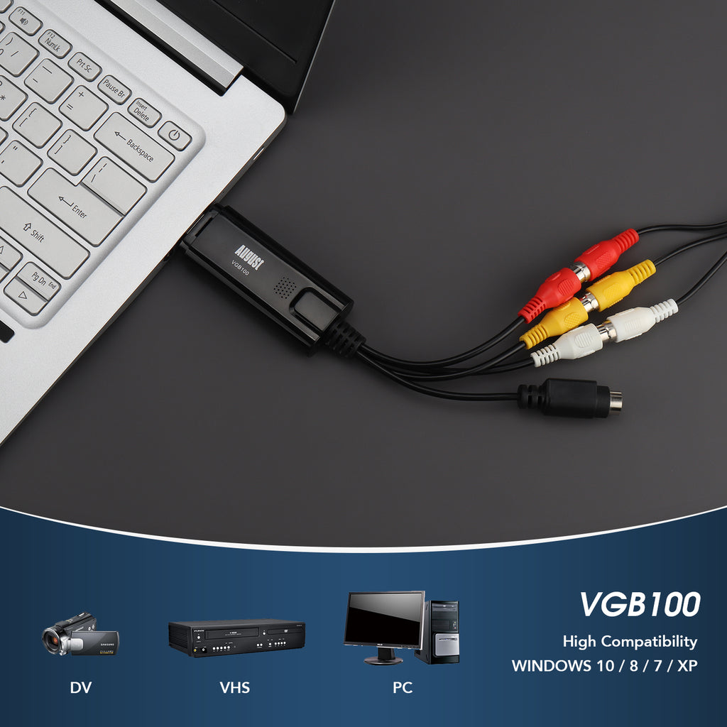 VHS Video Capture Card Digital Transfer Grabber VHS to DVD, Hi8 for Windows - August VGB100