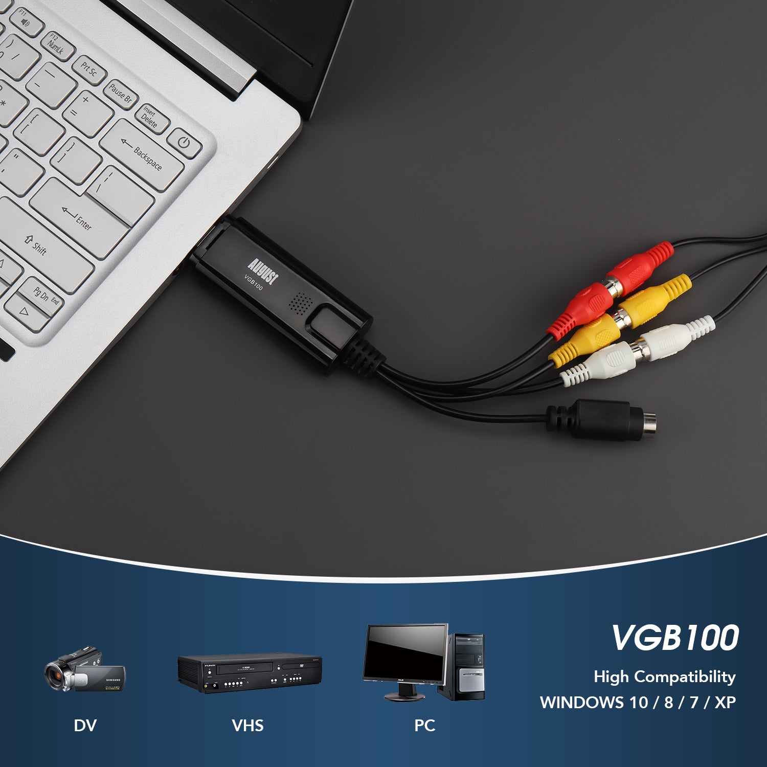 VHS Video Capture Card Digital Transfer Grabber VHS to DVD, Hi8 for Windows - August VGB100