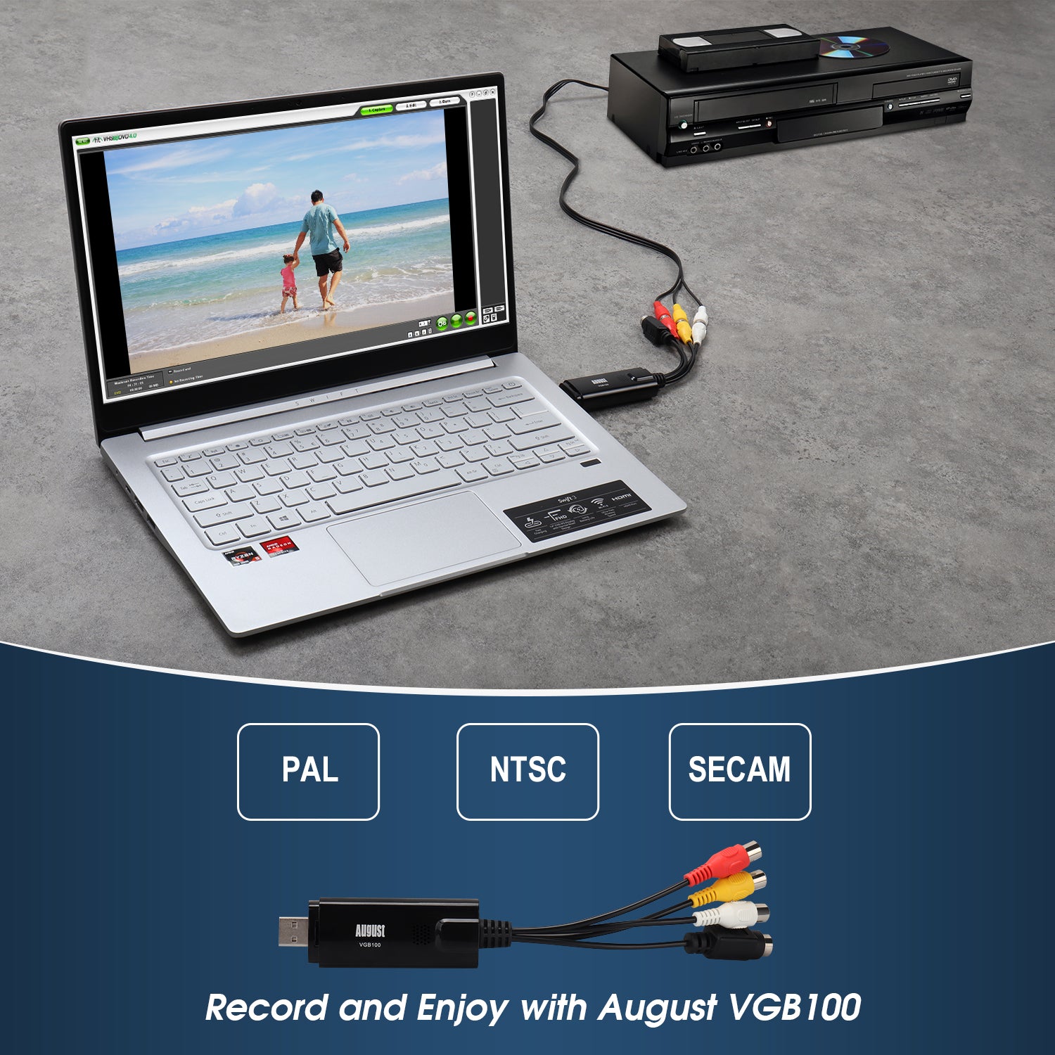 VHS Video Capture Card Digital Transfer Grabber VHS to DVD, Hi8 for Windows - August VGB100