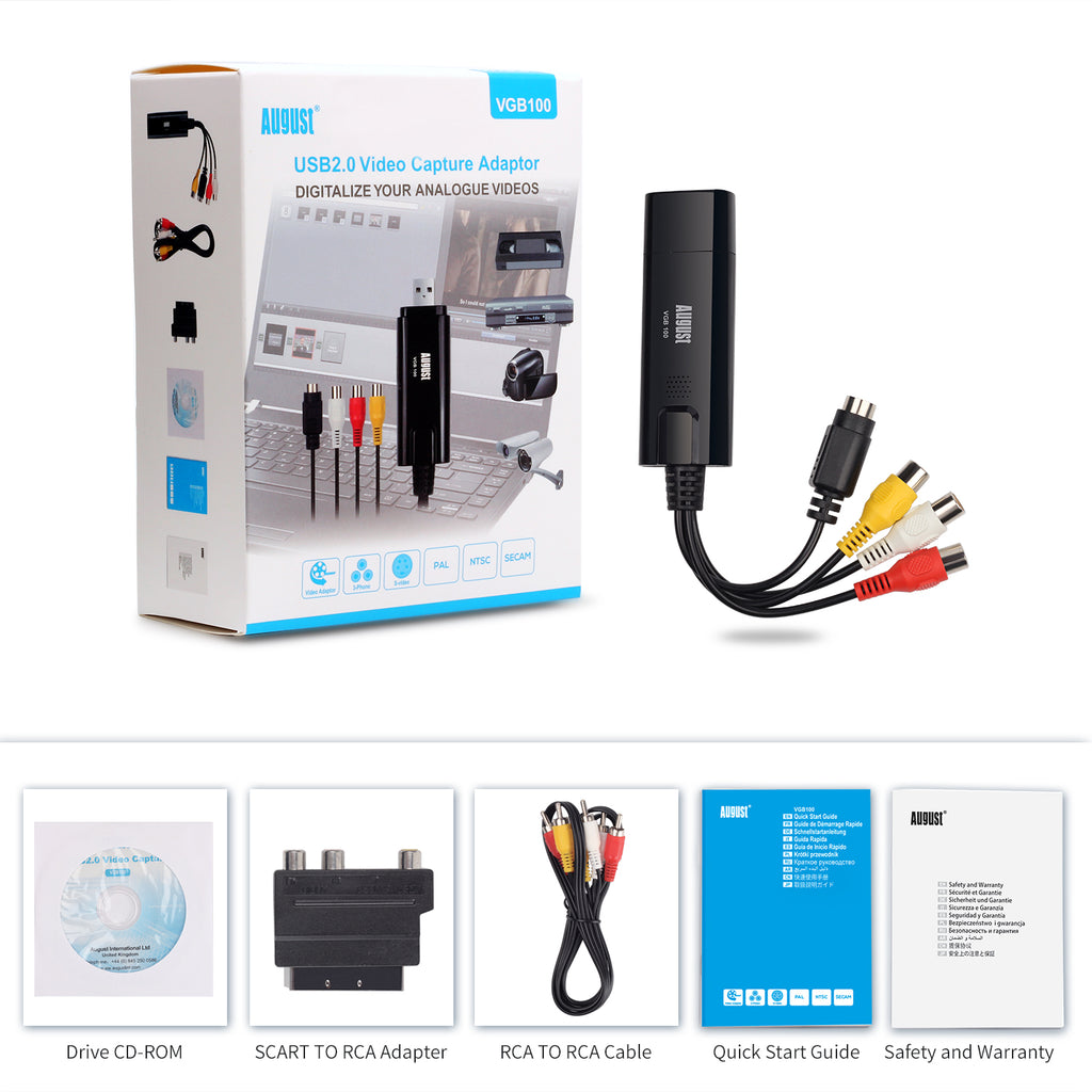 VHS Video Capture Card Digital Transfer Grabber VHS to DVD, Hi8 for Windows - August VGB100