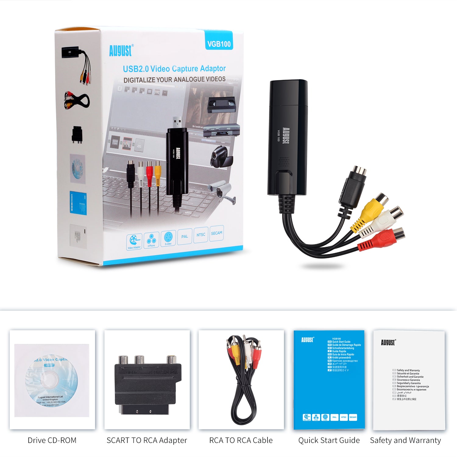 VHS Video Capture Card Digital Transfer Grabber VHS to DVD, Hi8 for Windows - August VGB100