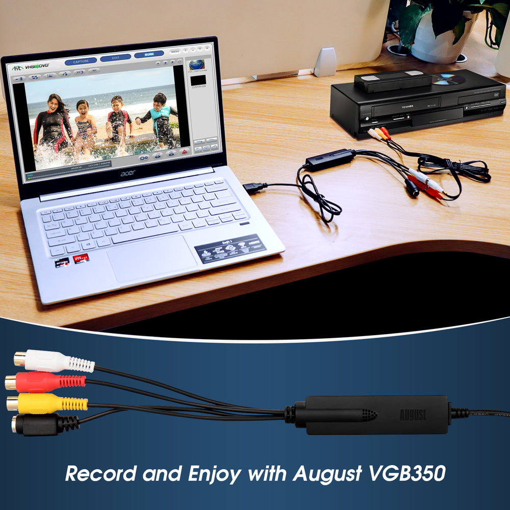 Refurbished - VHS to Digital Converter Video Capture - August VGB350 - Transfer VHS mini DV Hi8 DVD to computer, Composite Svideo, PAL / NTSC / SECAM, included software, Convert audio & Video from VCR & Camcorder